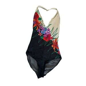 Vintage Floral Halter One Piece Swimsuit Black Cream Tropical 38T 80s USA Med